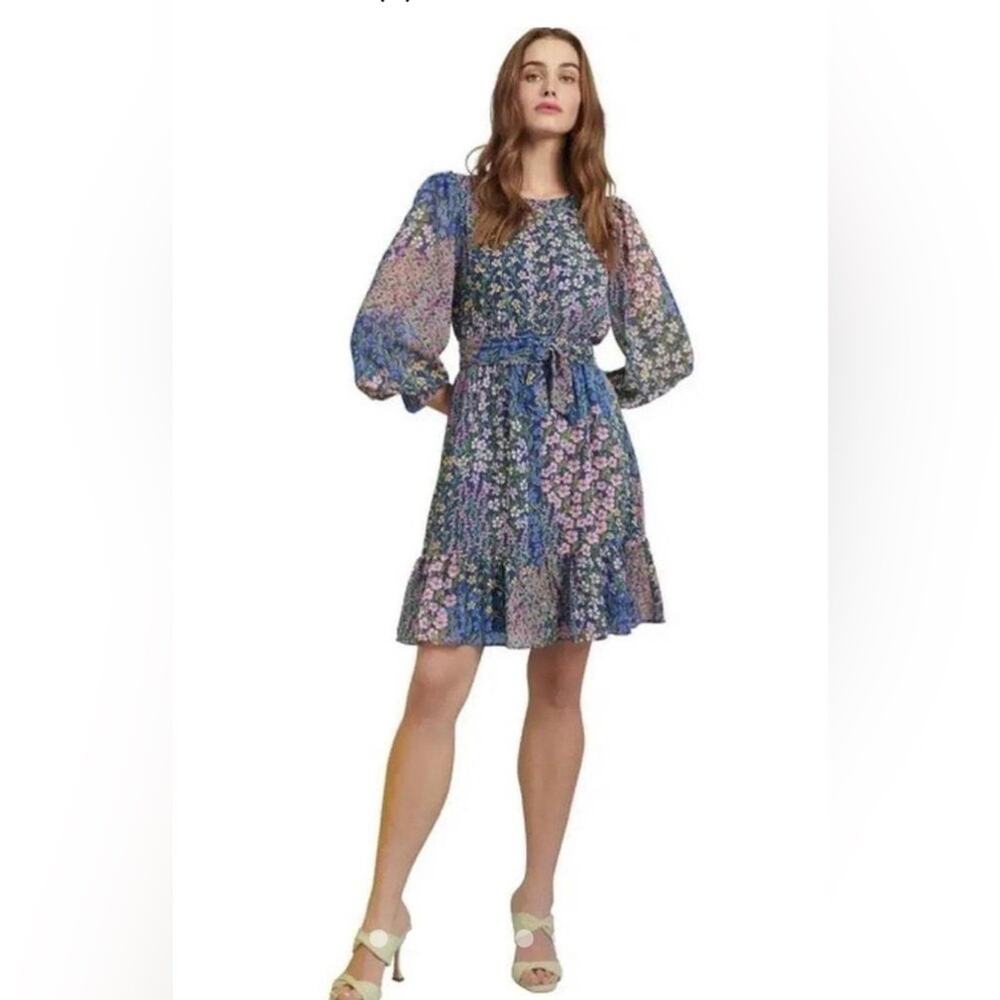 RACHEL PARCELL Garden Blue Floral Shirt Dress Midi Chiffon Tie Waist Size 12 NWT